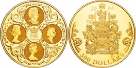 Canada. Gold. 2004. 300 Dollar. Proof. Elizabeth II "Quadruple Cameo Portraits" Gold Proof 300 Dollars with Gold Cameo. 60.00g. .583. 50.00mm. Box sta...