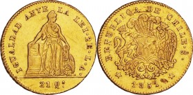 Chile. Gold. 1851. 2 Escudo. F. Standing Liberty Gold 2 Escudos. 6.70g. .875. 22.50mm.