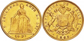 Chile. Gold. 1860. 10 Peso. VF. Standing Liberty Gold 10 Pesos. 15.25g. .900.