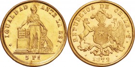 Chile. Gold. 1872. 5 Peso. VF. Standing Liberty Gold 5 Pesos. 7.63g. .900. 22.20mm.