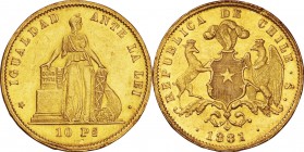 Chile. Gold. 1881. 10 Peso. EF. Standing Liberty Gold 10 Pesos. 15.25g. .900.
