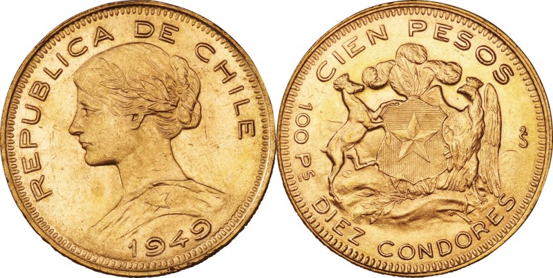 Chile. Gold. 1949. 100 Peso. UNC. Head Left Gold 100 Pesos. 20.34g. .900. 31.00m...