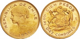 Chile. Gold. 1955. 100 Peso. UNC. Head Left Gold 100 Pesos. 20.34g. .900. 31.00mm.
