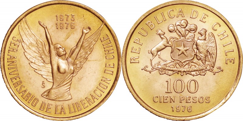 Chile. Gold. 1976. 100 Peso. AU. 3rd Anniversary of New Government Gold 100 Peso...