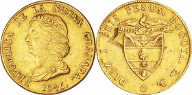 Colombia. Gold. 1845. 16 Peso. F. Head Left Gold 16 Pesos. 27.00g. .875. 37.00mm.