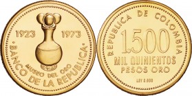 Colombia. Gold. 1973. 1500 Peso. Proof. 50th Anniversary of Gold Museum of Central Bank of Colombia Gold Proof 1500 Pesos. 19.10g. .900. 25.50mm.