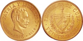 Cuba. Gold. 1915. 20 Peso. AU. PCGS MS62. Jose Marti Gold 20 Pesos. 33.43g. .900. 34.20mm.