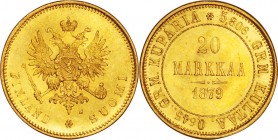 Finland. Gold. 1879. 20 Markkaa. UNC. Double-headed eagle Gold 20 Markkaa. 6.45g. .900. 21.30mm.