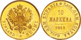 Finland. Gold. 1913. 10 Markkaa. UNC. Imperial Double-headed eagle Gold 10 Markkaa. 3.23g. .900. 18.90mm.