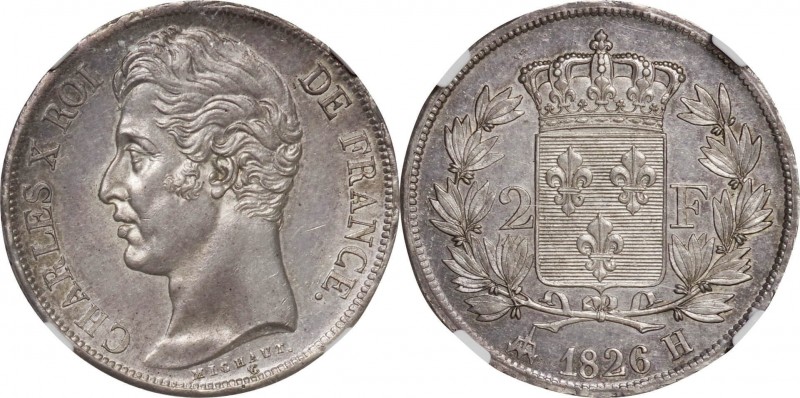 France. Silver. 1826. 2 Franc. UNC-. NGC MS61. Charles X Silver 2 Francs. 10.00g...
