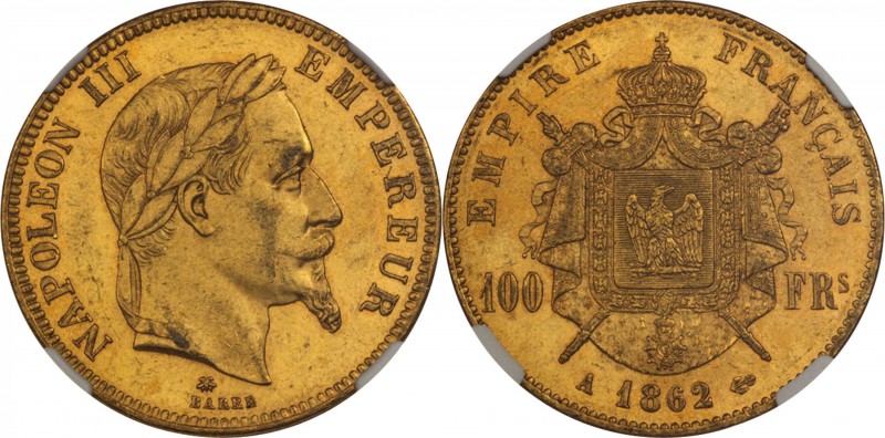 France. Gold. 1862. 100 Franc. AU. NGC MS62. Napoleon III Laureate Head Gold 100...