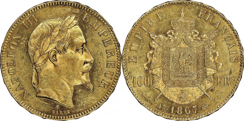 France. Gold. 1867. 100 Franc. AU. NGC MS61+. Napoleon III Laureate Head Gold 10...