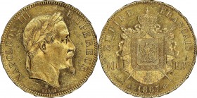 France. Gold. 1867. 100 Franc. AU. NGC MS61+. Napoleon III Laureate Head Gold 100 Francs. 32.25g. .900. 35.00mm.