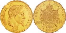 France. Gold. 1865. 100 Franc. AU. NGC MS61. Napoleon III Laureate Head Gold 100 Francs. 32.25g. .900. 35.00mm. NGC Label error (1865 → 1868).