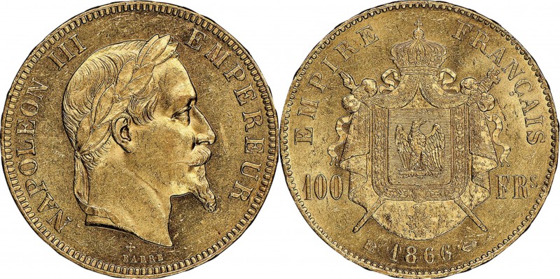 France. Gold. 1866. 100 Franc. AU. NGC MS62. Napoleon III Laureate Head Gold 100...