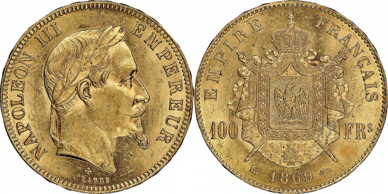 France. Gold. 1869. 100 Franc. AU. NGC MS62. Napoleon III Laureate Head Gold 100...