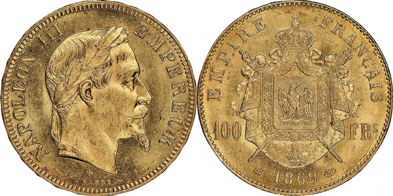 France. Gold. 1869. 100 Franc. AU. NGC MS62+. Napoleon III Laureate Head Gold 10...