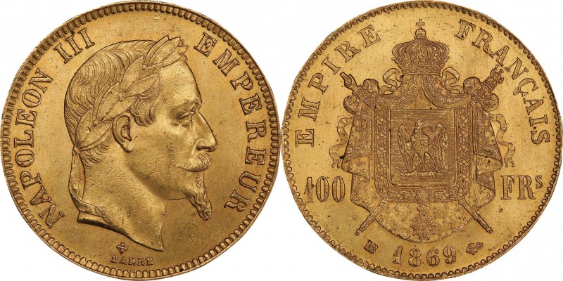 France. Gold. 1869. 100 Franc. AU. PCGS MS62. Napoleon III Laureate Head Gold 10...