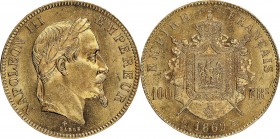 France. Gold. 1869. 100 Franc. UNC. NGC MS63. Napoleon III Laureate Head Gold 100 Francs. 32.25g. .900. 35.00mm.