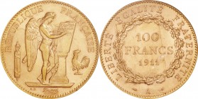 France. Gold. 1911. 100 Franc. EF+. NGC AU58. Standing Genius Gold 100 Francs. 32.25g. .900. 35.00mm.
