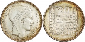 France. Silver. 1934. 20 Franc. UNC. Laureate Head Silver 20 Francs. 20.00g. .680. 35.00mm. Toned.
