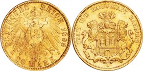 Germany. Gold. 1899. 20 Mark. EF. Hamburg Coat of Arms Gold 20 Mark. 7.97g. .900. 22.50mm.