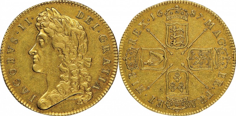 GB. Gold. 1687. 5 Guinea. EF. NGC AU53. James II Gold 5 Guineas. 41.75g. .917. 3...