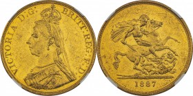 GB. Gold. 1887. 5 Pound. EF Prooflike. NGC AU58PL. Victoria Jubilee Head Gold Prooflike 5 Pounds. 39.94g. .917. 36.00mm.