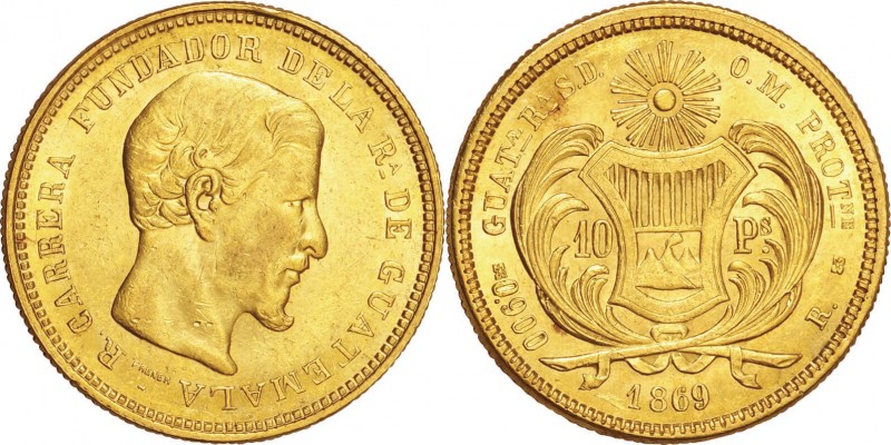 Guatemala. Gold. 1869. 10 Peso. EF. Rafael Carrera Gold 10 Pesos. 16.13g. .900.