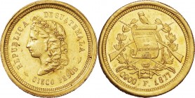 Guatemala. Gold. 1877. 5 Peso. EF. Laureate head left Gold 5 Pesos. 8.06g. .900.