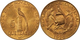 Guatemala. Gold. 1926. 5 Quetzale. AU. PCGS MS63. Quetzal Gold 5 Quetzales. 8.36g. .900.