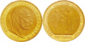 Hungary. Gold. 1907. 100 Corona. UNC. PCGS MS64. Franz Joseph I Gold 100 Corona. 33.87g. .900. 36.00mm.