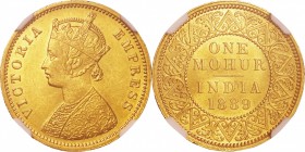 India. Gold. 1889. 1 Mohur. AU. NGC MS62. Brisith India Victoria Gold Mohur. 11.66g. .917. 25.50mm.