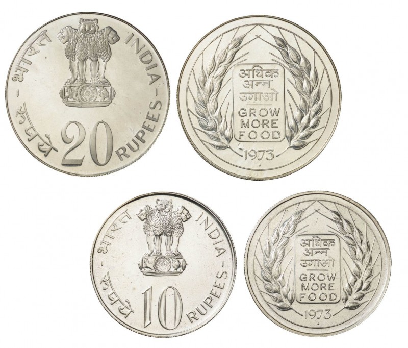 India. Silver. 1973. Rupee. UNC. FAO -Grow More Food- Silver 2-Coin.