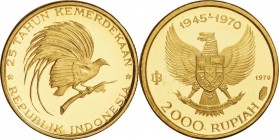 Indonesia. Gold. 1970. 2000 Rupiah. Proof. 25th Anniversary of Independence -Great Bird of Paradise- Gold Proof 2000 Rupiah. 4.93g. .900. 18.00mm.