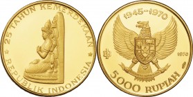 Indonesia. Gold. 1970. 5000 Rupiah. Proof. 25th Anniversary of Independence -Manjusri Statue- Gold Proof 5000 Rupiah. 12.34g. .900. 29.00mm.