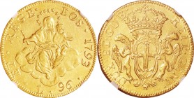 Italy. Gold. 1793. 96 Lire. EF+. NGC AU58. Genoa Madonna and Child Gold 96 Lire. 25.21g. .909. 34.00mm.
