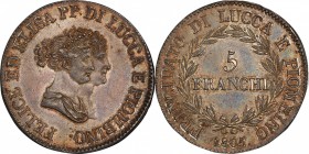Italy. Silver. 1805. 5 Franchi. AU. PCGS MS63. Principality of Lucca and Piombino Elisa Bonaparte & Felice Baciocchi Silver 5 Franchi. 24.84g. .900.