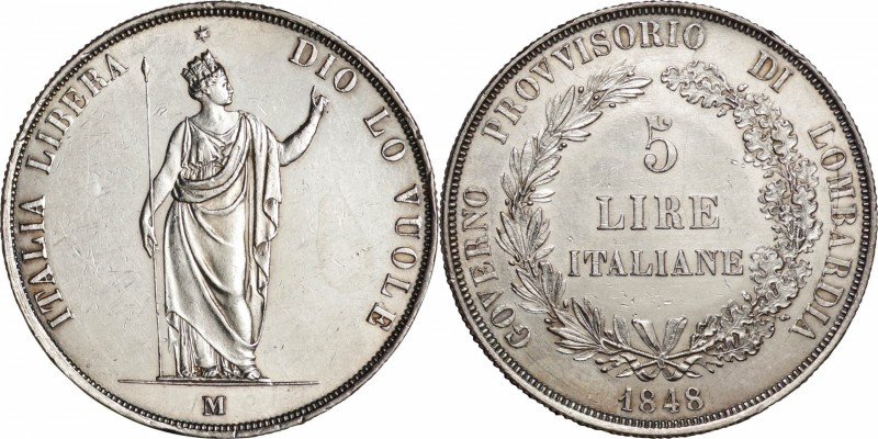 Italy. Silver. 1848. 5 Lire. EF. Lombardy Standing Crowned Figure Silver 5 Lire....