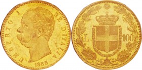 Italy. Gold. 1888. 100 Lire. EF+. PCGS MS62. Umbelt I Gold 100 Lire. 32.25g. .900. 35.00mm.