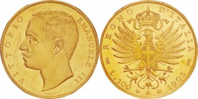 Italy. Gold. 1903. 100 Lire. EF+. PCGS MS62. Emanuele III Gold 100 Lire. 32.26g. .900. 35.00mm.