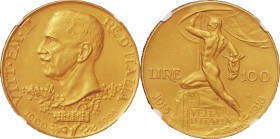 Italy. Gold. 1925. 100 Lire. UNC Matte Proof. PCGS PF64 MATTE. Emanuele III 25th Year of reign Gold Matte Proof 100 Lire. 32.26ｇ. .900. 35.00mm.