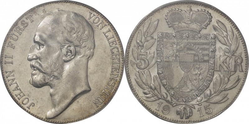 Liechtenstein. Silver. 1915. 5 Kronen. AU. PCGS MS63. Prince Johann II Silver 5 ...