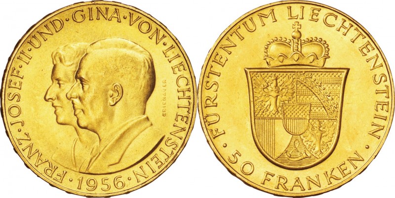 Liechtenstein. Gold. 1956. 50 Franken. UNC. Franz Joseph II and Gina Gold 50 Fra...