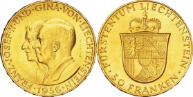 Liechtenstein. Gold. 1956. 50 Franken. UNC. Franz Joseph II and Gina Gold 50 Franken. 11.29g. .900. 25.00mm.