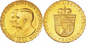 Liechtenstein. Gold. 1952. 100 Franken. UNC. Franz Joseph II and Gina Gold 100 Franken. 32.26g. .900. 36.00mm.