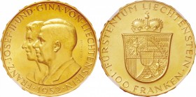 Liechtenstein. Gold. 1952. 100 Franken. UNC. NGC MS63. Franz Joseph II and Gina Gold 100 Franken. 32.26g. .900. 36.00mm.