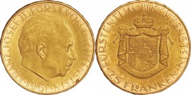Liechtenstein. Gold. 1961. 25 Franken. UNC. 100th Anniversary of the National Bank Gold 25 Franken. 5.65g. .900.