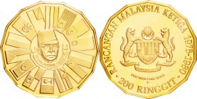 Malaysia. Gold. 1976. 200 Ringgit. Proof. 3rd Malaysian 5-Year Plan 14-Sided Gold Proof 200 Ringgit. 7.30g. .900. 25.00mm.