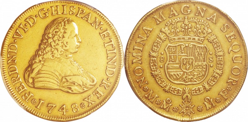 Mexico. Gold. 1748. 8 Escudo. VF. PCGS XF45. Ferdinand VI Gold 8 Escudos. 27.06g...